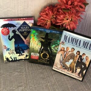 Lot of 3 MUSICALS COMEDIES ROMANCE -2 Disney-DVDs Mary Poppins, OZ, Mama Mia